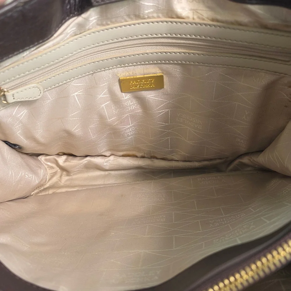 Badgley Mischka‎ Satchel Shoulder Bag Dark Brown Thick Pebbled Leather Gold Logo